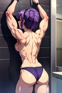 anime,muscular,small tits,80s age,happy face,purple hair,slicked hair style,light skin,comic,shower,back view,spreading legs,goth