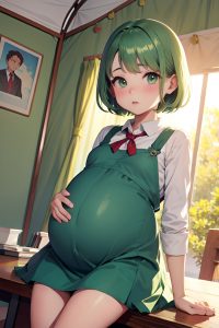 anime,pregnant,small tits,50s age,shocked face,green hair,bangs hair style,light skin,watercolor,tent,back view,jumping,schoolgirl