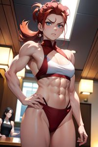 anime,muscular,small tits,18 age,angry face,ginger,slicked hair style,light skin,soft anime,casino,front view,yoga,maid