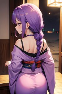 anime,busty,small tits,70s age,shocked face,purple hair,braided hair style,light skin,charcoal,stage,back view,sleeping,kimono