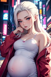 anime,pregnant,small tits,40s age,seductive face,white hair,slicked hair style,light skin,cyberpunk,club,close-up view,on back,pajamas