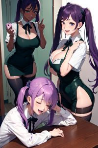 anime,busty,small tits,50s age,laughing face,purple hair,pigtails hair style,dark skin,mirror selfie,meadow,side view,sleeping,stockings