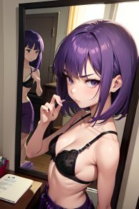 anime,skinny,small tits,50s age,angry face,purple hair,bangs hair style,light skin,mirror selfie,meadow,side view,sleeping,bra