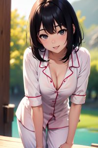 anime,busty,small tits,30s age,happy face,black hair,bangs hair style,dark skin,film photo,lake,close-up view,bending over,pajamas