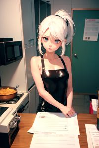 anime,skinny,small tits,30s age,sad face,white hair,ponytail hair style,light skin,film photo,office,front view,cooking,latex