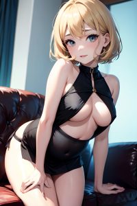 anime,pregnant,small tits,40s age,seductive face,blonde,bobcut hair style,light skin,dark fantasy,couch,front view,bending over,mini skirt