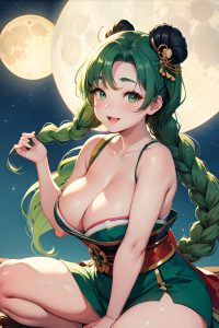 anime,chubby,small tits,40s age,happy face,green hair,braided hair style,light skin,vintage,moon,side view,straddling,geisha