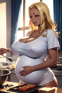 anime,pregnant,huge boobs,60s age,laughing face,blonde,slicked hair style,dark skin,soft anime,hospital,side view,cooking,lingerie