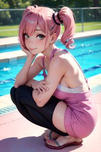 anime,skinny,small tits,50s age,happy face,pink hair,pigtails hair style,light skin,warm anime,pool,side view,squatting,goth