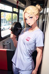 anime,muscular,small tits,30s age,ahegao face,blonde,hair bun hair style,dark skin,film photo,bus,front view,working out,pajamas