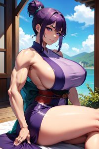 anime,muscular,huge boobs,20s age,seductive face,purple hair,hair bun hair style,dark skin,soft anime,lake,front view,massage,kimono