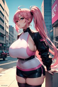 anime,chubby,huge boobs,30s age,angry face,pink hair,pigtails hair style,dark skin,cyberpunk,hospital,back view,plank,stockings