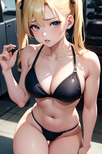anime,busty,small tits,50s age,sad face,blonde,pigtails hair style,light skin,charcoal,gym,front view,massage,bikini