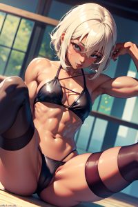 anime,muscular,small tits,80s age,ahegao face,brunette,pixie hair style,dark skin,skin detail (beta),prison,close-up view,spreading legs,stockings