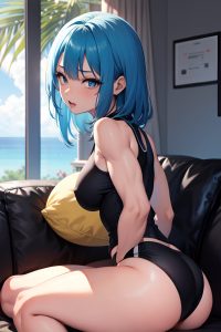 anime,muscular,small tits,70s age,ahegao face,blue hair,bangs hair style,dark skin,black and white,couch,side view,yoga,mini skirt