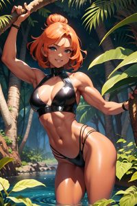 anime,muscular,small tits,50s age,happy face,ginger,hair bun hair style,dark skin,illustration,jungle,front view,straddling,latex