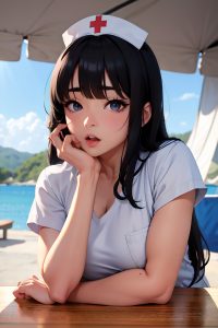anime,muscular,small tits,50s age,ahegao face,black hair,bangs hair style,dark skin,soft anime,tent,front view,plank,nurse