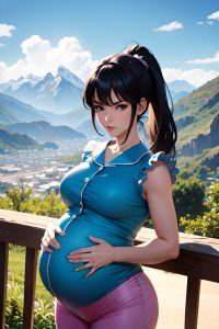 anime,pregnant,small tits,60s age,serious face,black hair,ponytail hair style,light skin,vintage,mountains,close-up view,cumshot,pajamas