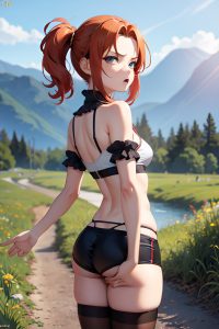 anime,busty,small tits,80s age,angry face,ginger,straight hair style,light skin,dark fantasy,meadow,back view,on back,stockings