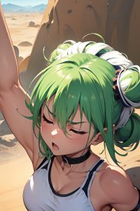 anime,muscular,small tits,80s age,angry face,green hair,hair bun hair style,light skin,black and white,desert,front view,sleeping,schoolgirl
