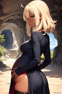 anime,pregnant,small tits,50s age,shocked face,blonde,messy hair style,dark skin,soft + warm,cave,back view,t-pose,stockings