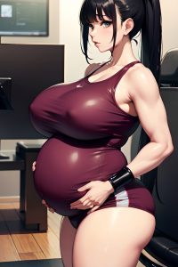anime,pregnant,huge boobs,30s age,serious face,black hair,bangs hair style,dark skin,vintage,gym,side view,gaming,latex