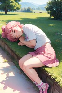 anime,chubby,small tits,18 age,pouting lips face,pink hair,pixie hair style,light skin,watercolor,meadow,side view,sleeping,mini skirt