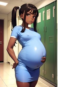 anime,pregnant,small tits,18 age,serious face,brunette,pigtails hair style,dark skin,film photo,locker room,front view,straddling,nude