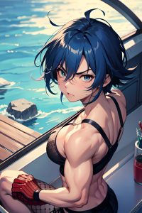 anime,muscular,small tits,20s age,angry face,blue hair,messy hair style,dark skin,watercolor,yacht,front view,straddling,fishnet