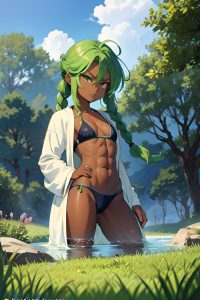 anime,muscular,small tits,80s age,angry face,green hair,braided hair style,dark skin,crisp anime,meadow,front view,bathing,bathrobe