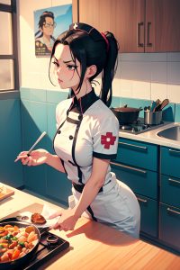 anime,busty,small tits,60s age,angry face,black hair,slicked hair style,light skin,illustration,club,side view,cooking,nurse