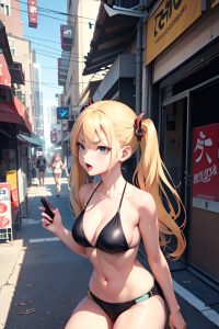 anime,busty,small tits,50s age,angry face,blonde,pigtails hair style,light skin,cyberpunk,restaurant,side view,jumping,bikini