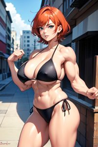 anime,muscular,huge boobs,30s age,seductive face,ginger,pixie hair style,light skin,dark fantasy,street,front view,working out,bikini
