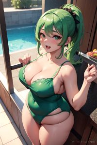 anime,chubby,small tits,20s age,ahegao face,green hair,ponytail hair style,dark skin,3d,restaurant,close-up view,bathing,lingerie