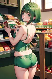 anime,chubby,small tits,20s age,serious face,green hair,bobcut hair style,light skin,soft + warm,grocery,back view,plank,lingerie