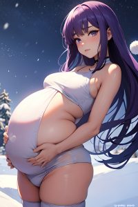 anime,pregnant,small tits,20s age,sad face,purple hair,straight hair style,light skin,comic,snow,side view,yoga,latex