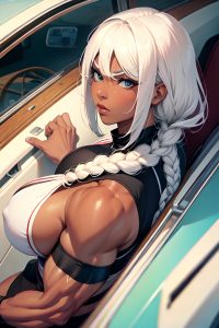 anime,muscular,huge boobs,70s age,serious face,white hair,braided hair style,dark skin,vintage,car,close-up view,plank,schoolgirl