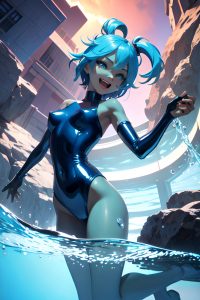 anime,skinny,small tits,18 age,laughing face,blue hair,pixie hair style,dark skin,3d,underwater,front view,bathing,latex