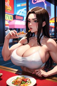 anime,muscular,huge boobs,60s age,shocked face,brunette,slicked hair style,light skin,soft + warm,casino,front view,eating,latex