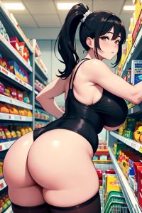 anime,chubby,huge boobs,80s age,sad face,black hair,ponytail hair style,light skin,dark fantasy,grocery,front view,bending over,fishnet