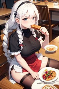 anime,chubby,small tits,60s age,angry face,white hair,braided hair style,light skin,skin detail (beta),cafe,close-up view,eating,stockings
