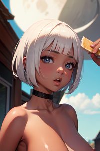 anime,busty,small tits,18 age,shocked face,white hair,bobcut hair style,dark skin,film photo,moon,front view,eating,nude