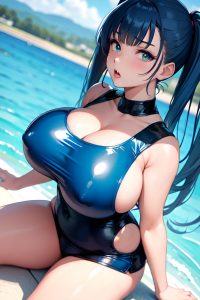 anime,chubby,huge boobs,50s age,angry face,blue hair,pigtails hair style,light skin,soft anime,yacht,close-up view,working out,latex
