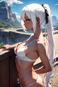 anime,skinny,small tits,60s age,ahegao face,white hair,ponytail hair style,dark skin,dark fantasy,mountains,side view,plank,lingerie
