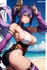anime,muscular,huge boobs,18 age,ahegao face,purple hair,pigtails hair style,dark skin,black and white,desert,side view,gaming,geisha