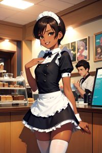 anime,skinny,small tits,50s age,laughing face,brunette,pixie hair style,dark skin,soft anime,cafe,front view,t-pose,maid