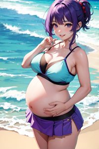 anime,pregnant,small tits,18 age,happy face,purple hair,pixie hair style,light skin,watercolor,beach,close-up view,gaming,mini skirt