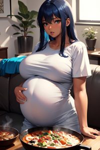 anime,pregnant,huge boobs,50s age,shocked face,blue hair,straight hair style,dark skin,black and white,couch,close-up view,cooking,teacher