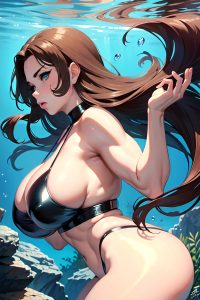 anime,muscular,huge boobs,70s age,pouting lips face,brunette,slicked hair style,light skin,soft + warm,underwater,side view,straddling,latex