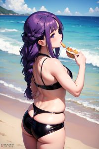 anime,chubby,small tits,18 age,pouting lips face,purple hair,braided hair style,light skin,film photo,beach,back view,eating,latex